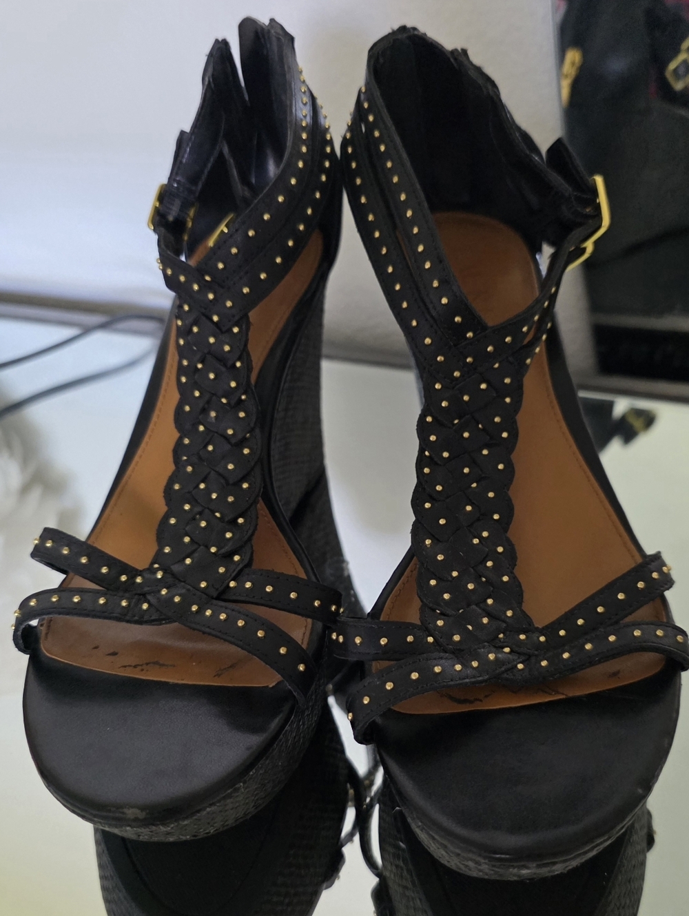 Ralph Lauren Black Braided T-Strap Wedge Sandals with Gold Studs